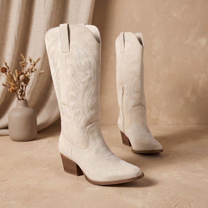 Damen Cowboy Ankle Boots Spitze Zehenpartie Blockabsatz Reißverschluss Wildleder - Weiß