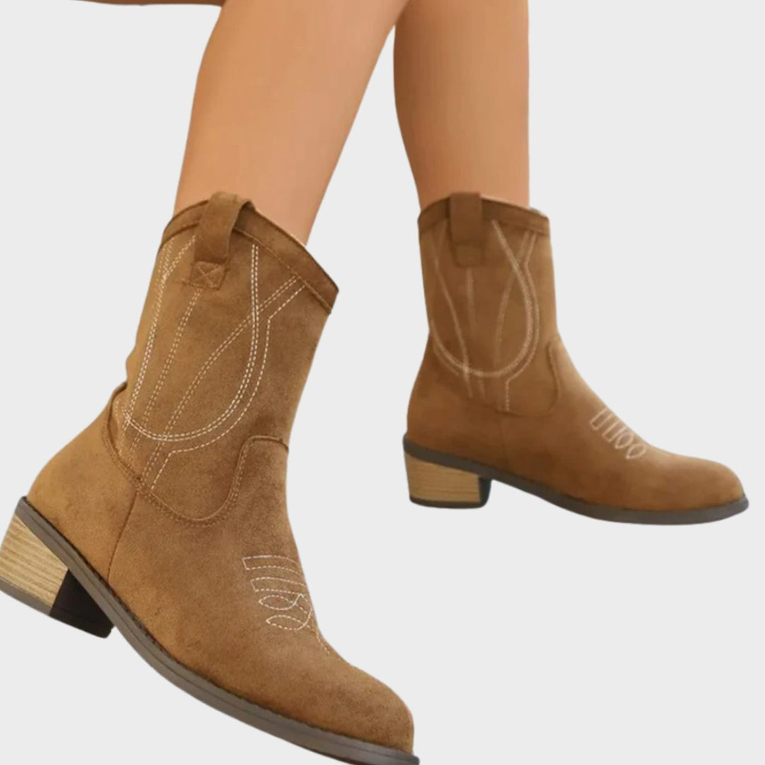 Damen Cowboy Stiefeletten mit Western-Steppung Blockabsatz - Khaki