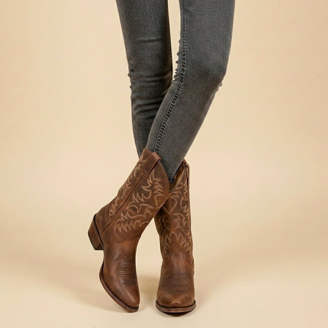 Damen Cowboyboots klassische Stiefel mit Western-Stickerei - Braun