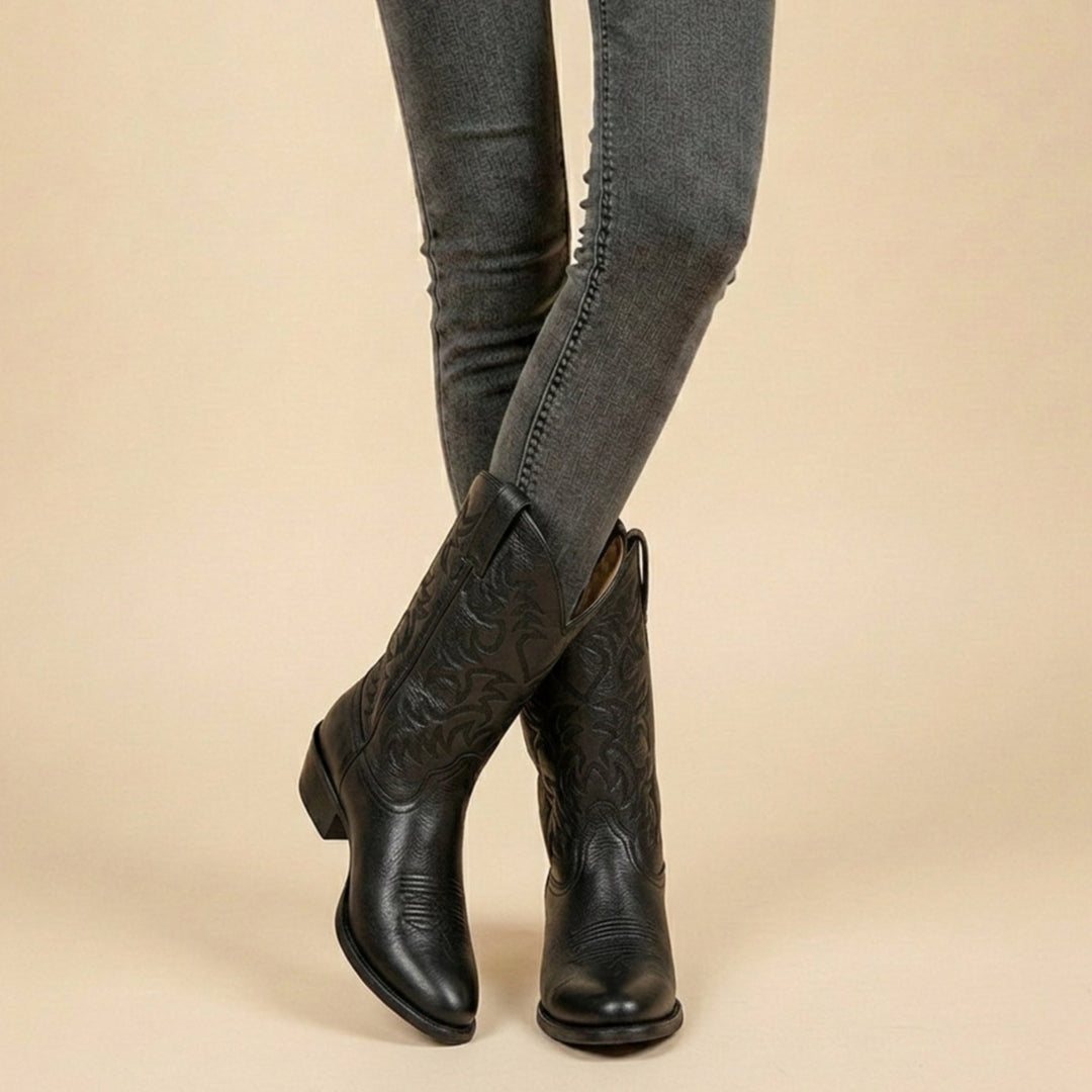 Damen Cowboyboots klassische Stiefel mit Western-Stickerei - Schwarz