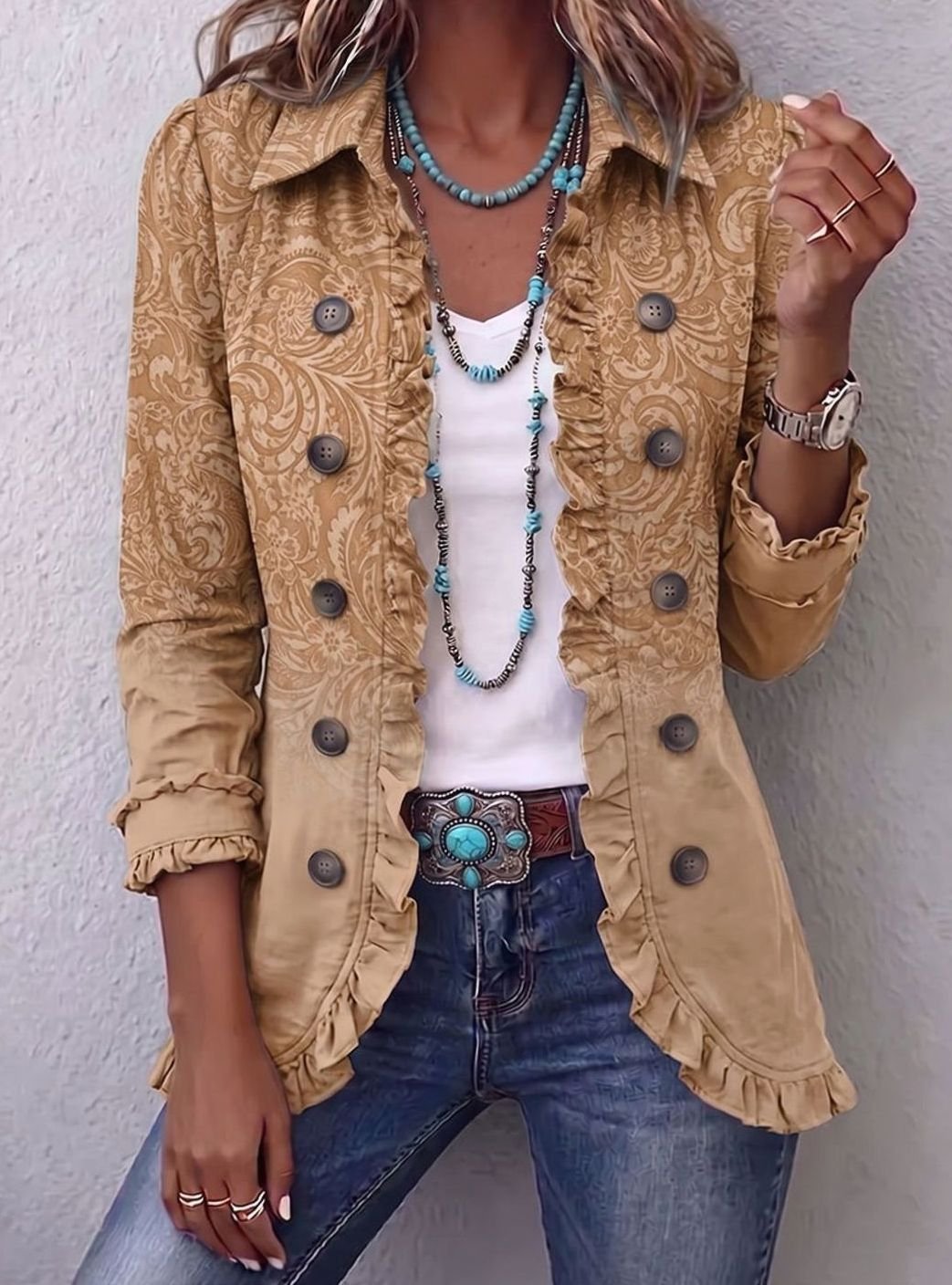 Damen Crestelle Western Rüschen-Jacke Doppelreihig Paisley - Khaki