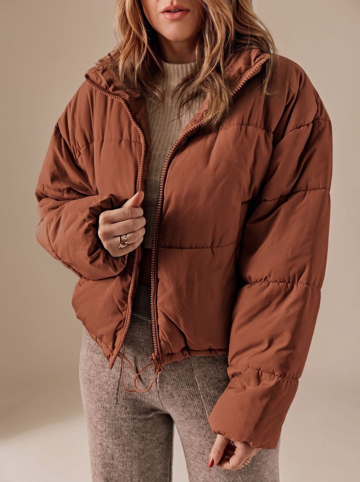 Damen Cropped Oversized Daunenjacke mit Reißverschluss - Braun