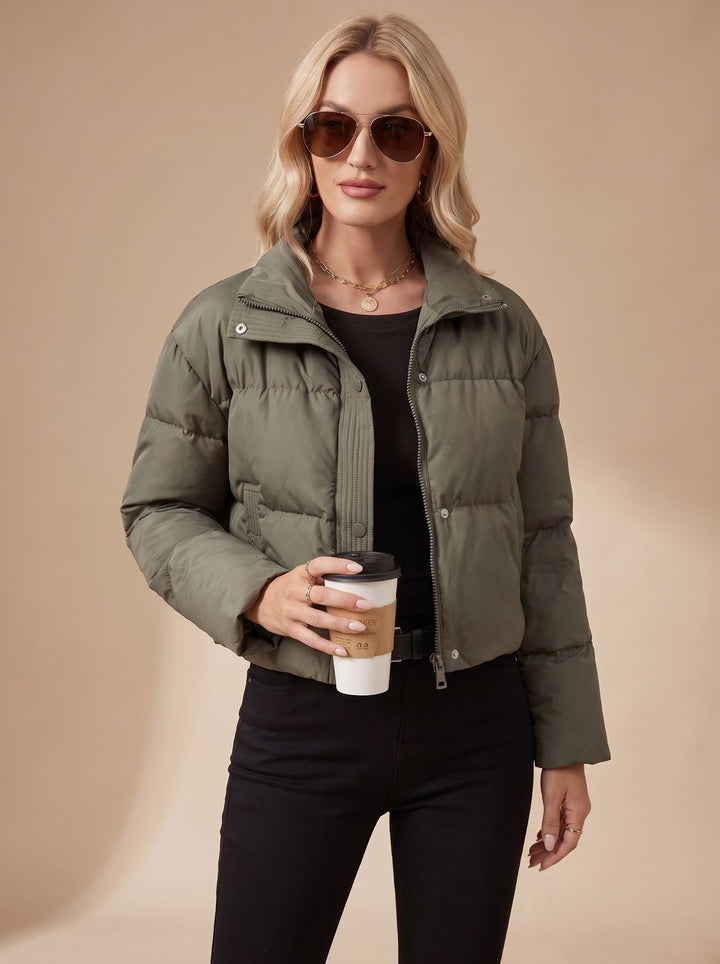 Damen Cropped Steppjacke mit Reißverschluss und Stehkragen - Schwarz