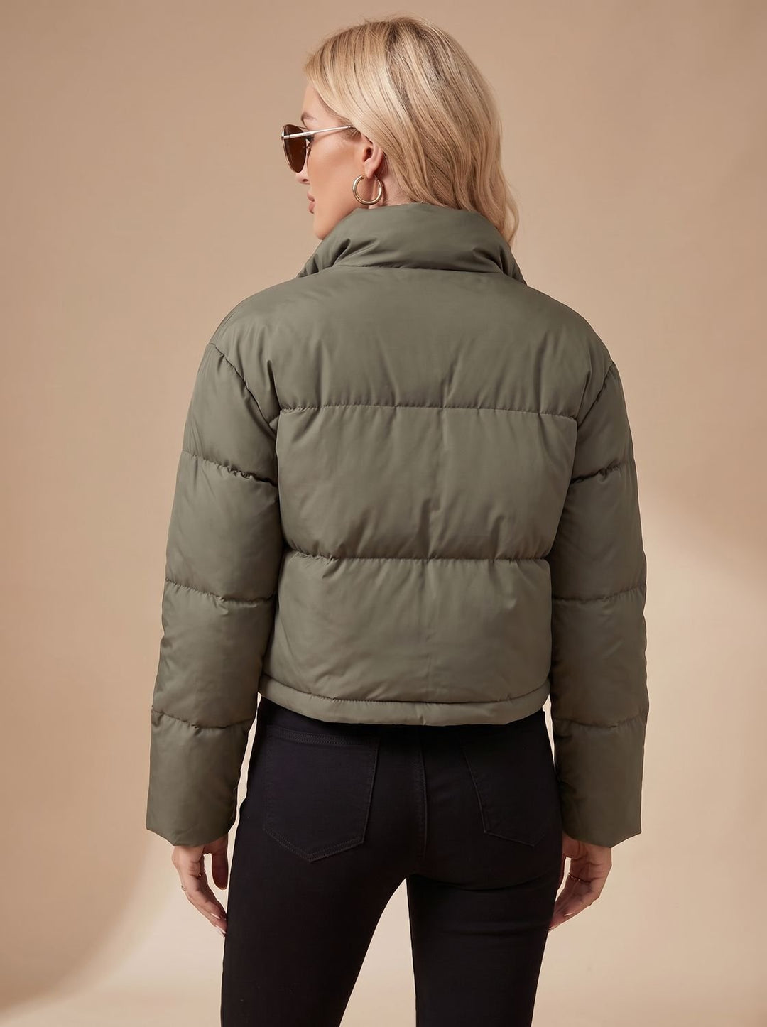Damen Cropped Steppjacke mit Reißverschluss und Stehkragen