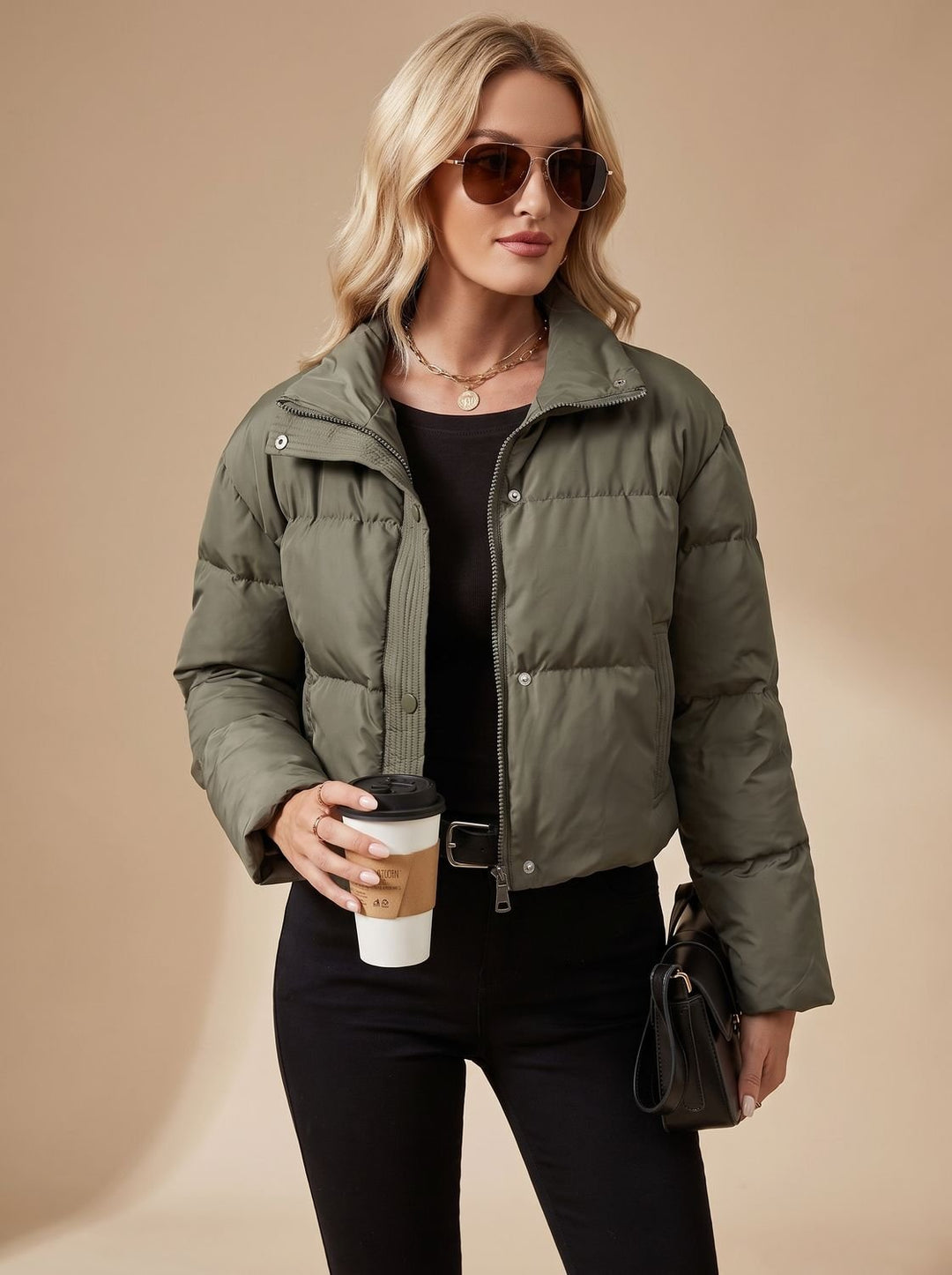 Damen Cropped Steppjacke mit Reißverschluss und Stehkragen