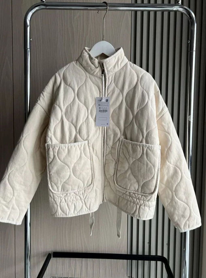 Damen Cropped Steppjacke mit Stehkragen Reißverschluss und Taschen - Beige