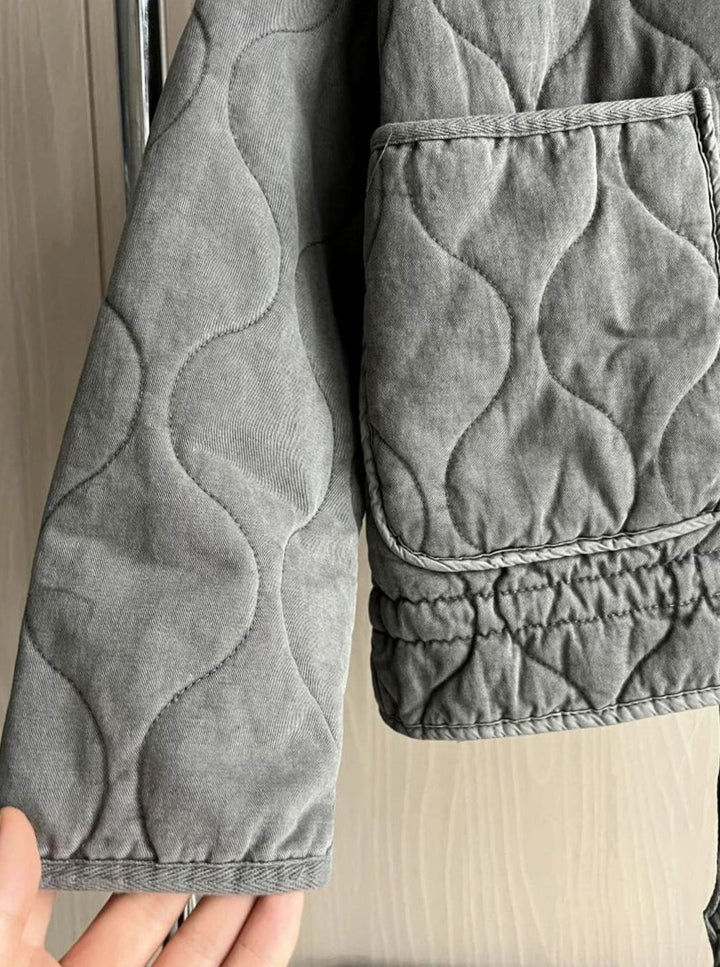 Damen Cropped Steppjacke mit Stehkragen Reißverschluss und Taschen