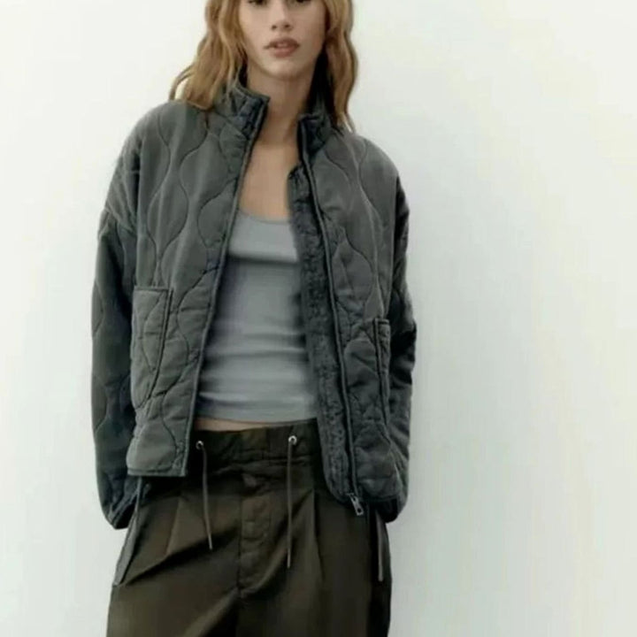 Damen Cropped Steppjacke mit Stehkragen Reißverschluss und Taschen