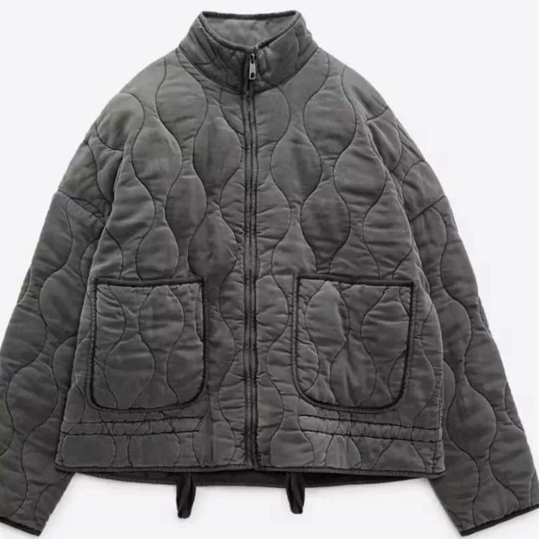 Damen Cropped Steppjacke mit Stehkragen Reißverschluss und Taschen - Dunkelgrau