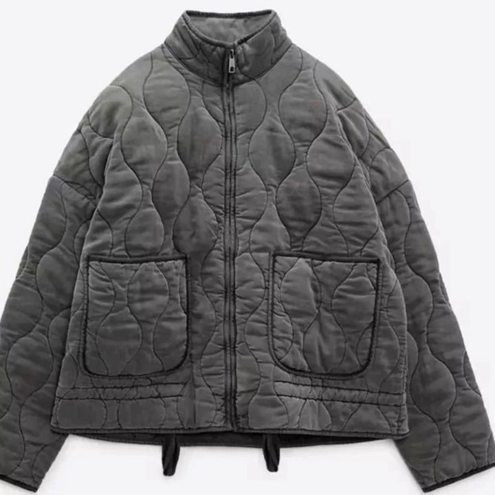 Damen Cropped Steppjacke mit Stehkragen Reißverschluss und Taschen - Dunkelgrau