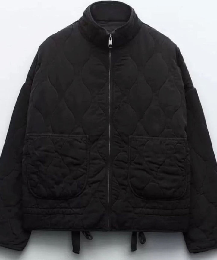 Damen Cropped Steppjacke mit Stehkragen Reißverschluss und Taschen - Schwarz