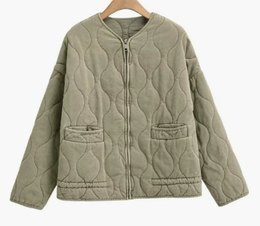 Damen Cropped Steppjacke mit Stehkragen Reißverschluss und Taschen - Olivgrün