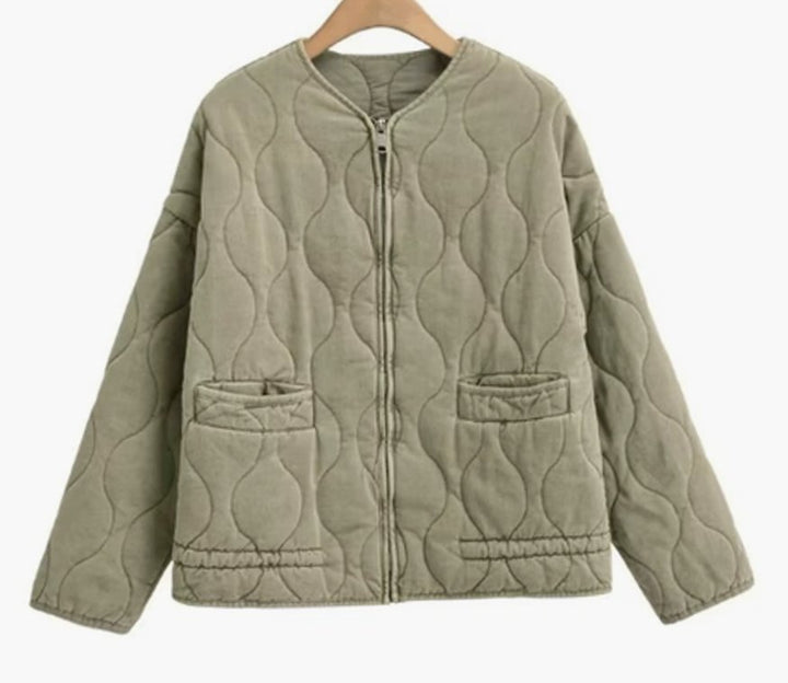 Damen Cropped Steppjacke mit Stehkragen Reißverschluss und Taschen - Olivgrün