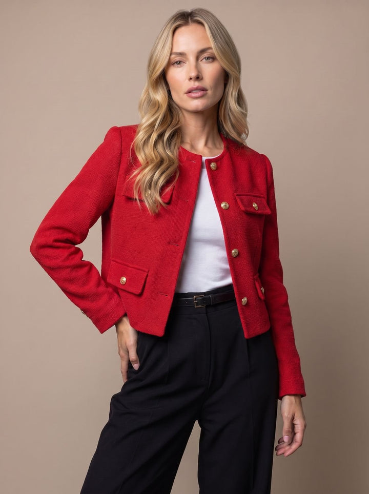 Damen Cropped Tweed Blazer mit Goldknöpfen und Pattentaschen, Light Blue - Rot