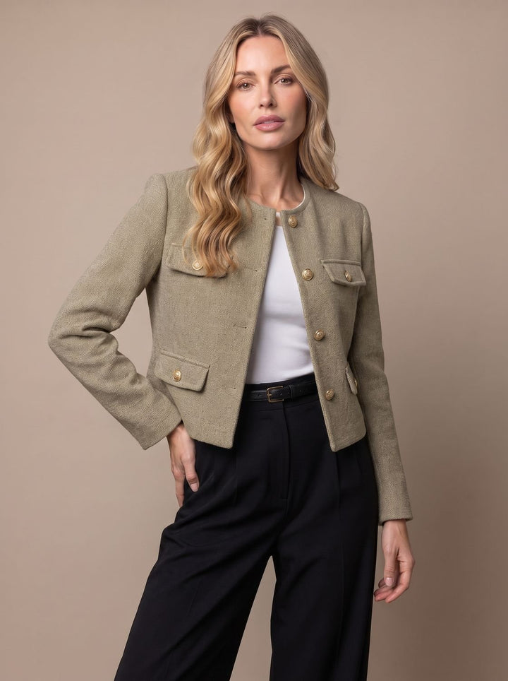 Damen Cropped Tweed Blazer mit Goldknöpfen und Pattentaschen, Light Blue - Olivgrün