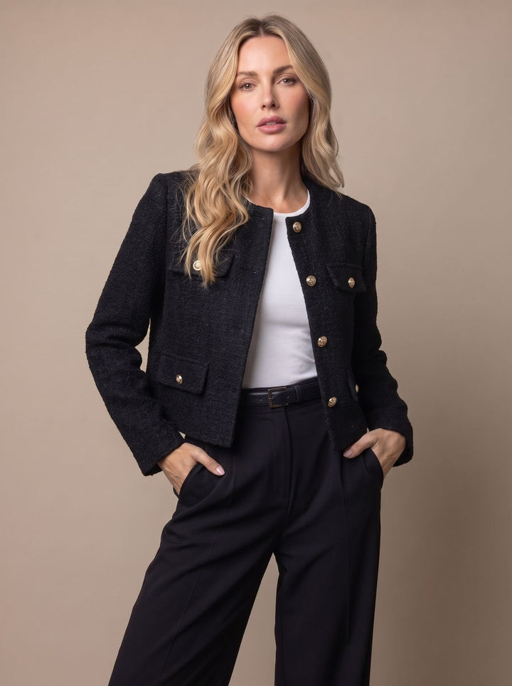 Damen Cropped Tweed Blazer mit Goldknöpfen und Pattentaschen, Light Blue - Schwarz