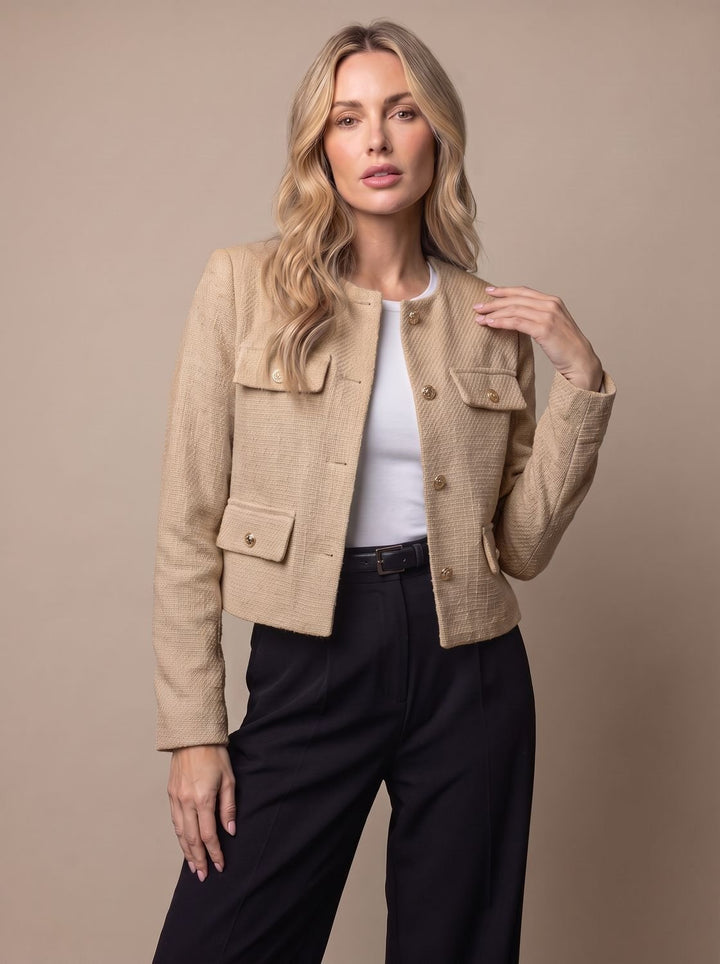 Damen Cropped Tweed Blazer mit Goldknöpfen und Pattentaschen, Light Blue - Khaki