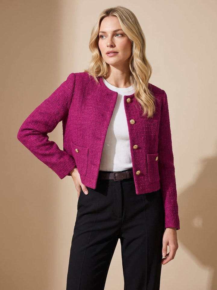Damen Cropped Tweed Blazer mit Goldknöpfen und Pattentaschen, Light Blue - Rosa