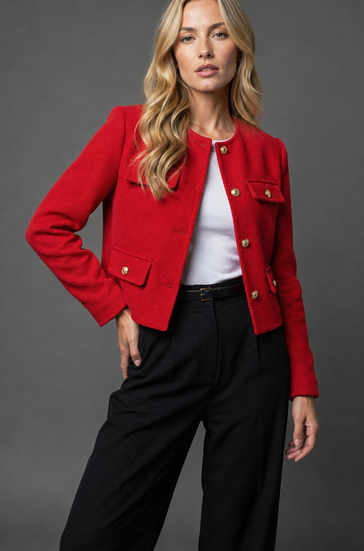 Damen Cropped Tweed Blazer mit Goldknöpfen und Pattentaschen - Rot