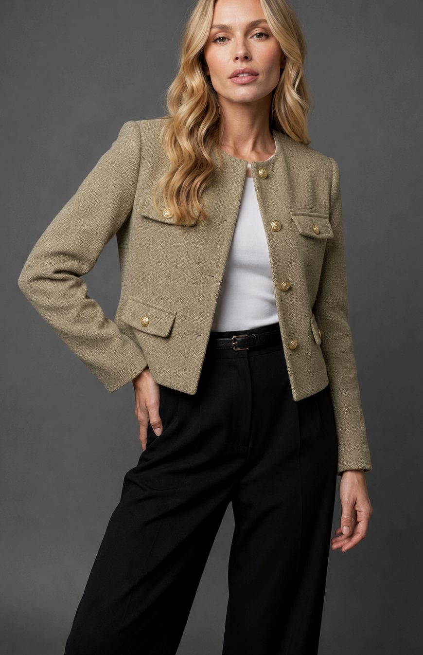 Damen Cropped Tweed Blazer mit Goldknöpfen und Pattentaschen - Olivgrün