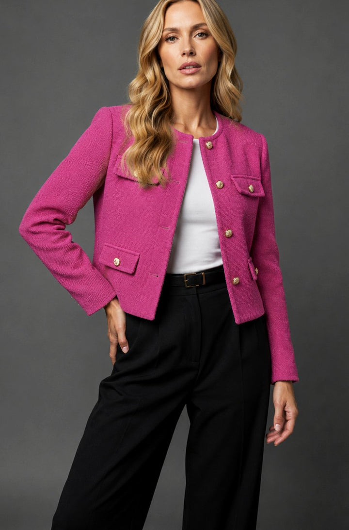 Damen Cropped Tweed Blazer mit Goldknöpfen und Pattentaschen - Rosa