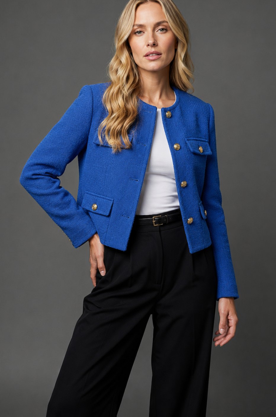 Damen Cropped Tweed Blazer mit Goldknöpfen und Pattentaschen - Blau