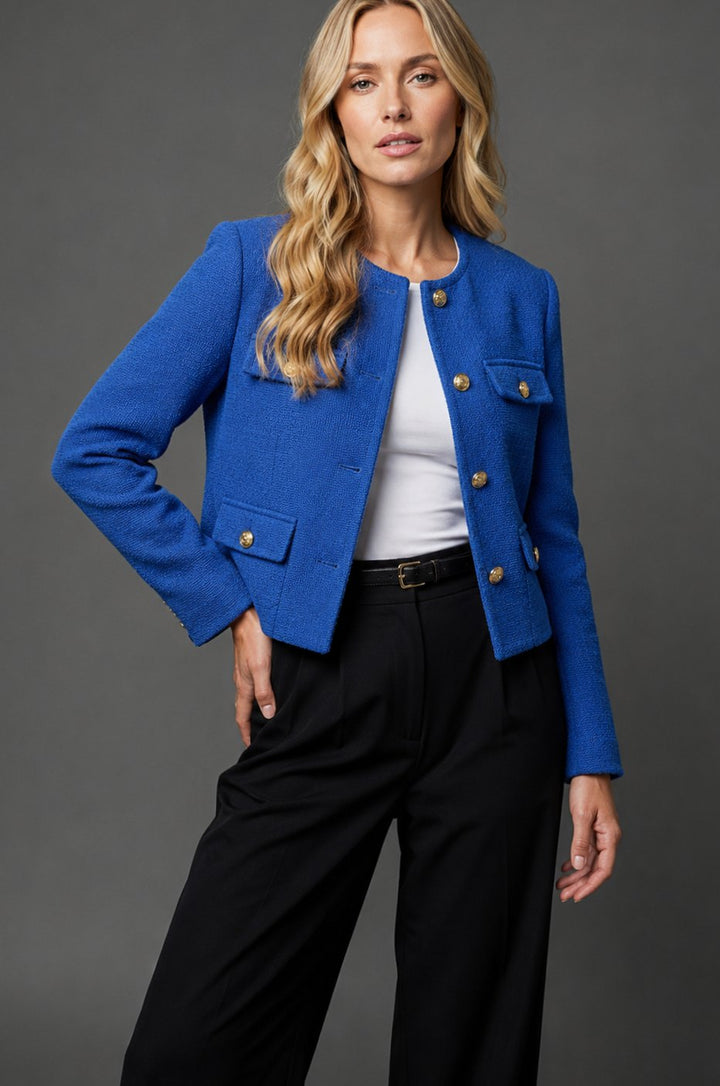 Damen Cropped Tweed Blazer mit Goldknöpfen und Pattentaschen - Blau