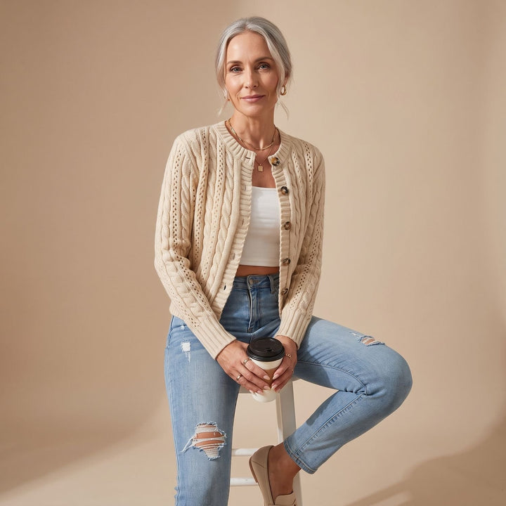 Damen Cropped Zopfmuster Strickjacke mit Knopfleiste - Aprikose