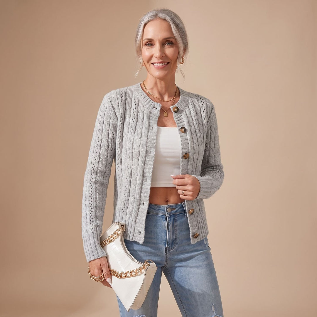Damen Cropped Zopfmuster Strickjacke mit Knopfleiste - Grau