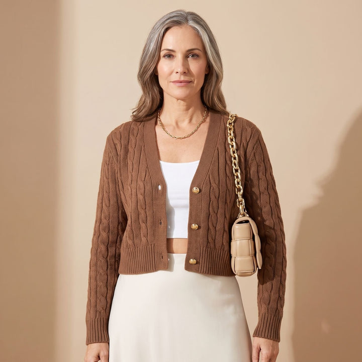 Damen Cropped Zopfmuster Strickjacke mit Knopfleiste - Braun