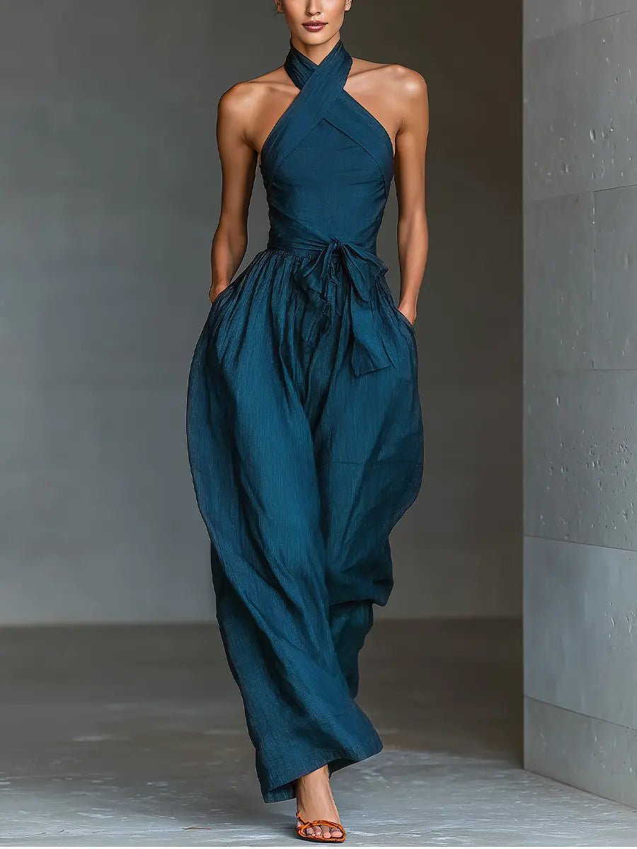 Damen Cross-Halter Leinen Jumpsuit mit weitem Bein - Navy blue