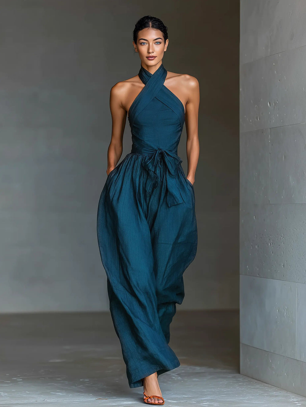 Damen Cross-Halter Leinen Jumpsuit mit weitem Bein