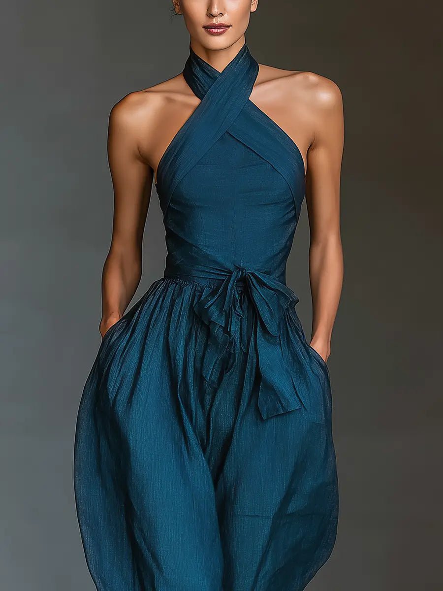 Damen Cross-Halter Leinen Jumpsuit mit weitem Bein