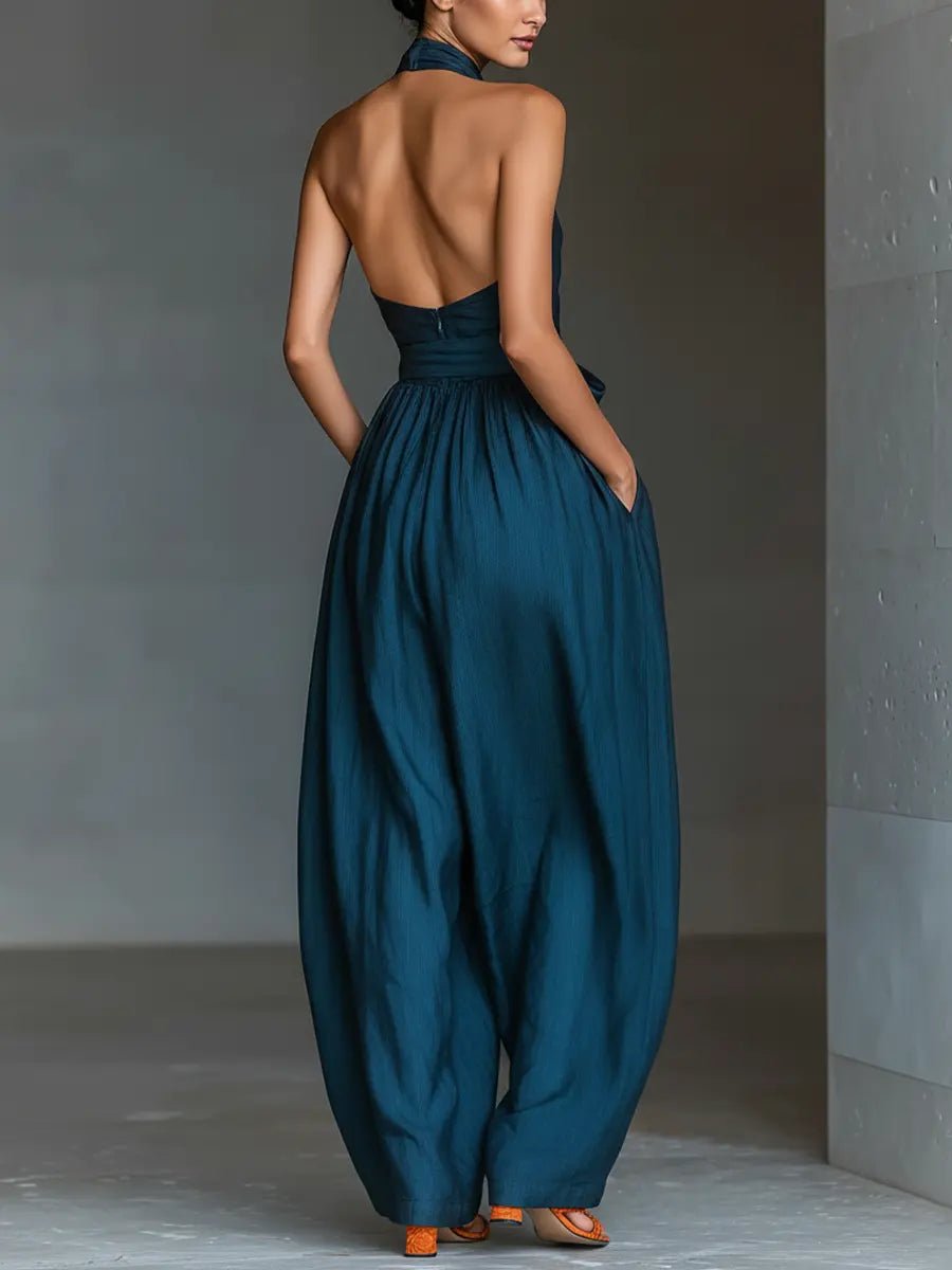 Damen Cross-Halter Leinen Jumpsuit mit weitem Bein