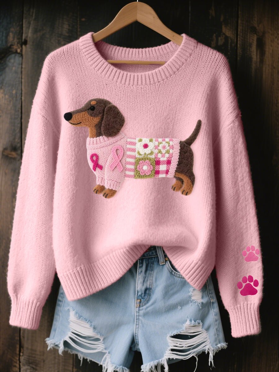 Damen Dackel Patchwork Strickpullover mit Pfotenabdruck-Detail - Rosa