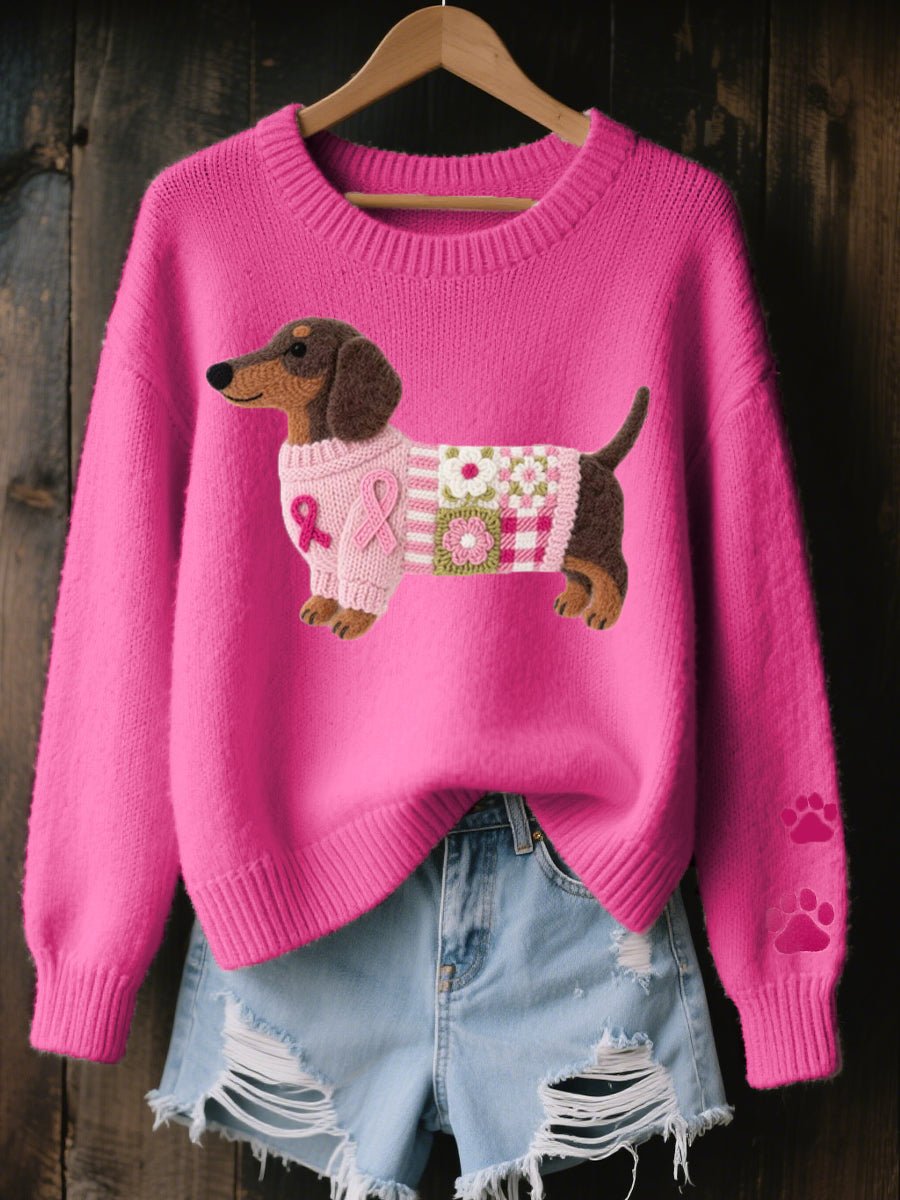 Damen Dackel Patchwork Strickpullover mit Pfotenabdruck-Detail - Dunkelrosa