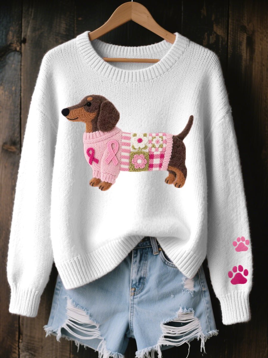 Damen Dackel Patchwork Strickpullover mit Pfotenabdruck-Detail - Weiß