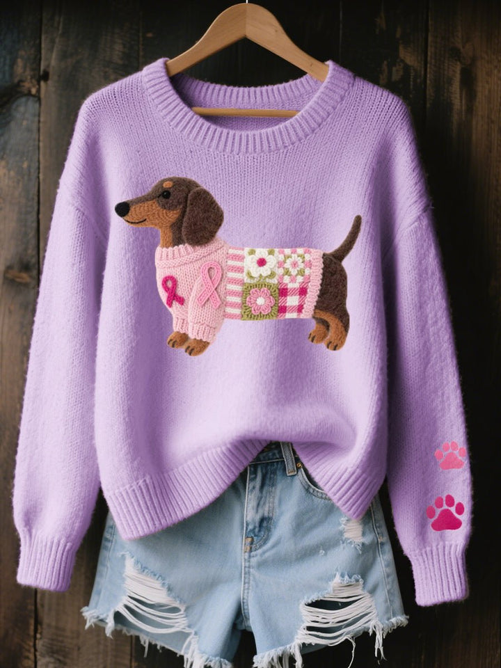 Damen Dackel Patchwork Strickpullover mit Pfotenabdruck-Detail - Lila