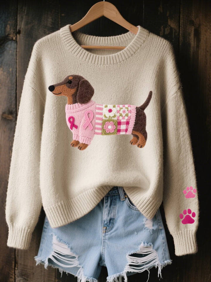 Damen Dackel Patchwork Strickpullover mit Pfotenabdruck-Detail - Beige