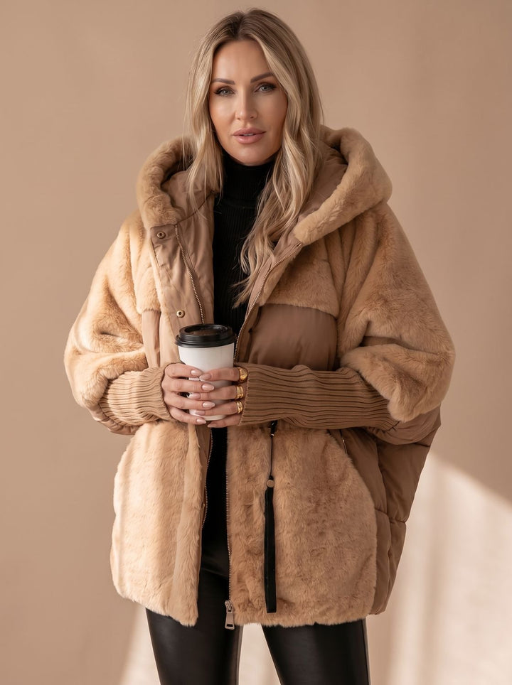 Damen Daunenjacke Gesteppt Kunstfell-Kapuze Wintermantel - Hellbraun