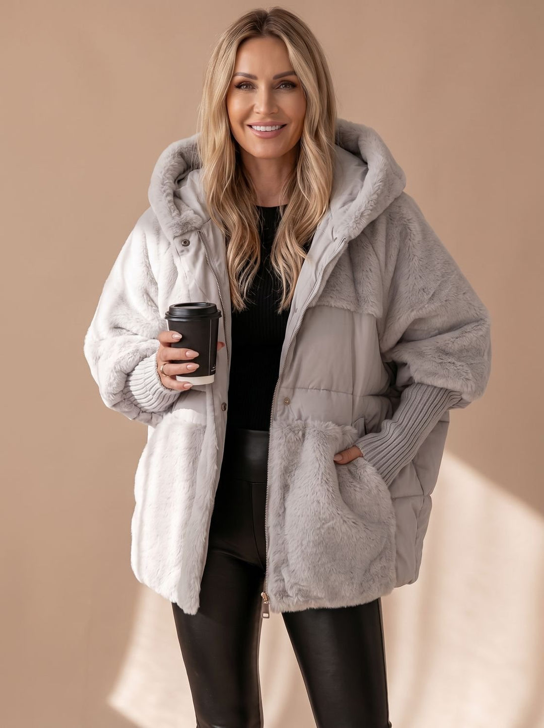 Damen Daunenjacke Gesteppt Kunstfell-Kapuze Wintermantel - Grau
