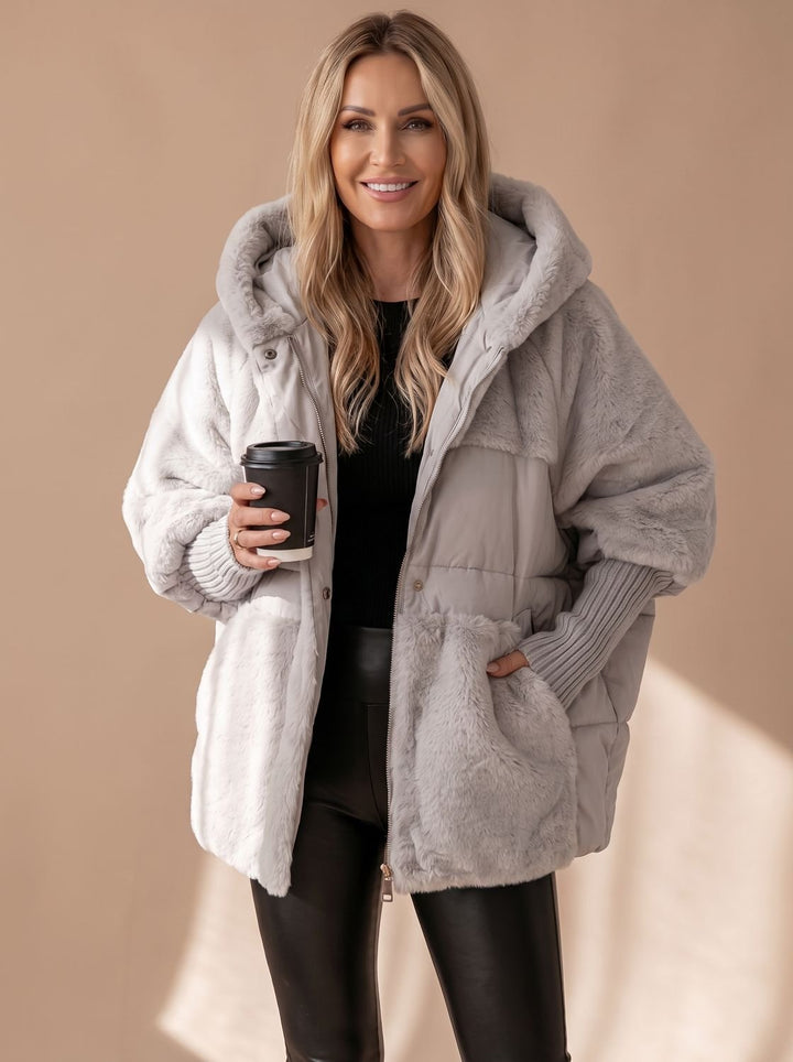Damen Daunenjacke Gesteppt Kunstfell-Kapuze Wintermantel - Grau