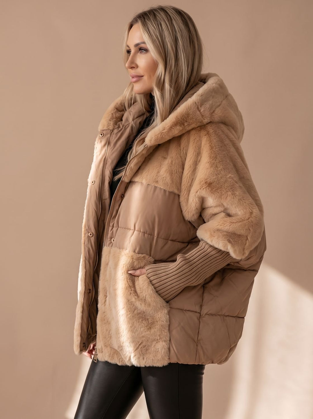 Damen Daunenjacke Gesteppt Kunstfell-Kapuze Wintermantel