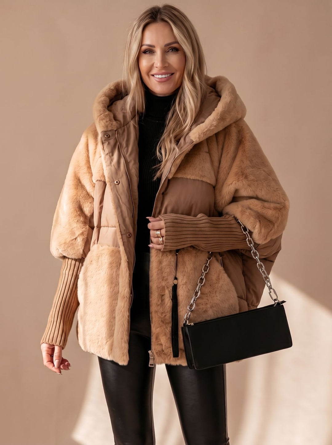 Damen Daunenjacke Gesteppt Kunstfell-Kapuze Wintermantel - Braun