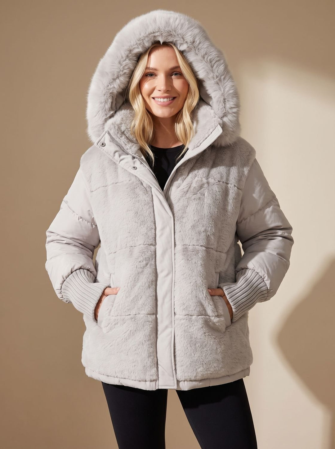 Damen Daunenjacke Gesteppt Kunstfell-Kapuze Wintermantel