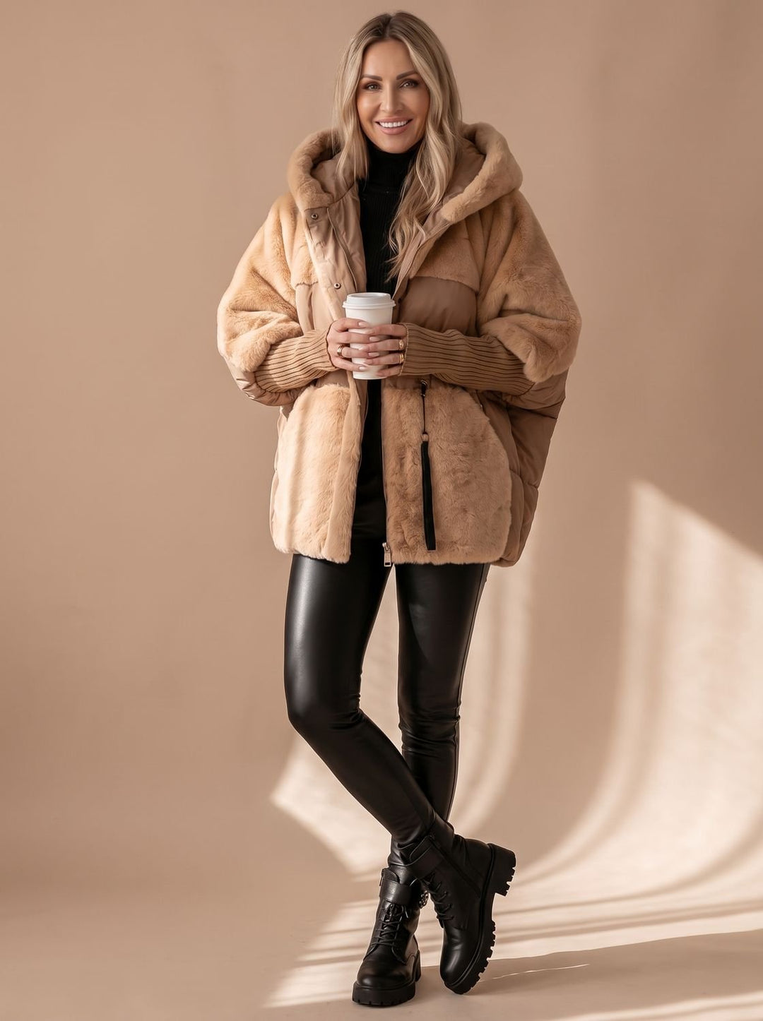 Damen Daunenjacke Gesteppt Kunstfell-Kapuze Wintermantel