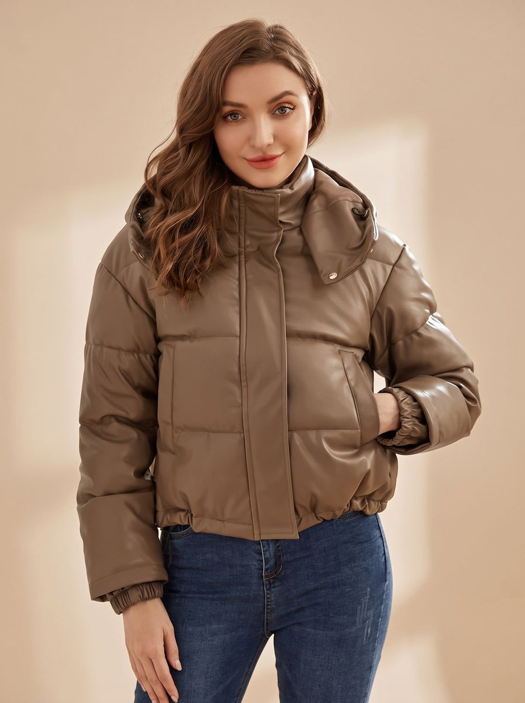 Damen Daunenjacke Gesteppt Kurz Kunstleder Kapuze Winterjacke - Braun