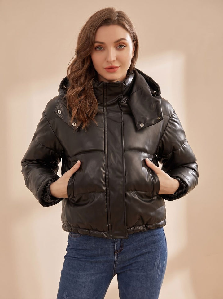 Damen Daunenjacke Gesteppt Kurz Kunstleder Kapuze Winterjacke