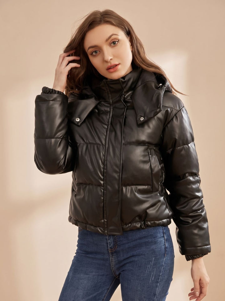 Damen Daunenjacke Gesteppt Kurz Kunstleder Kapuze Winterjacke