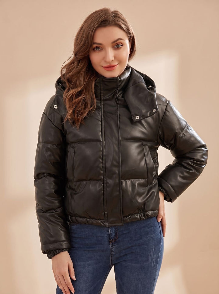 Damen Daunenjacke Gesteppt Kurz Kunstleder Kapuze Winterjacke